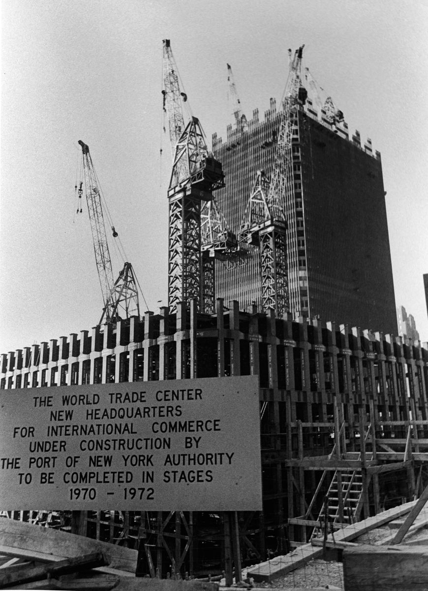 Sign announcing World Trade Center completion schedule, circa 1969. (Hulton Archive/Getty Images)